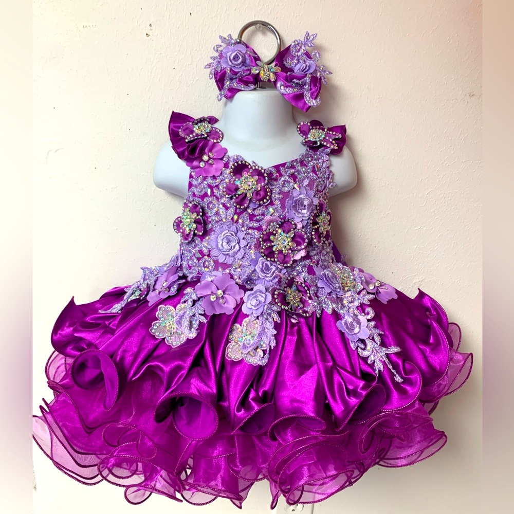 0/3 Months Purple Beaded Corset Back Cupcake Pageant Dress & headband/Bow NWT